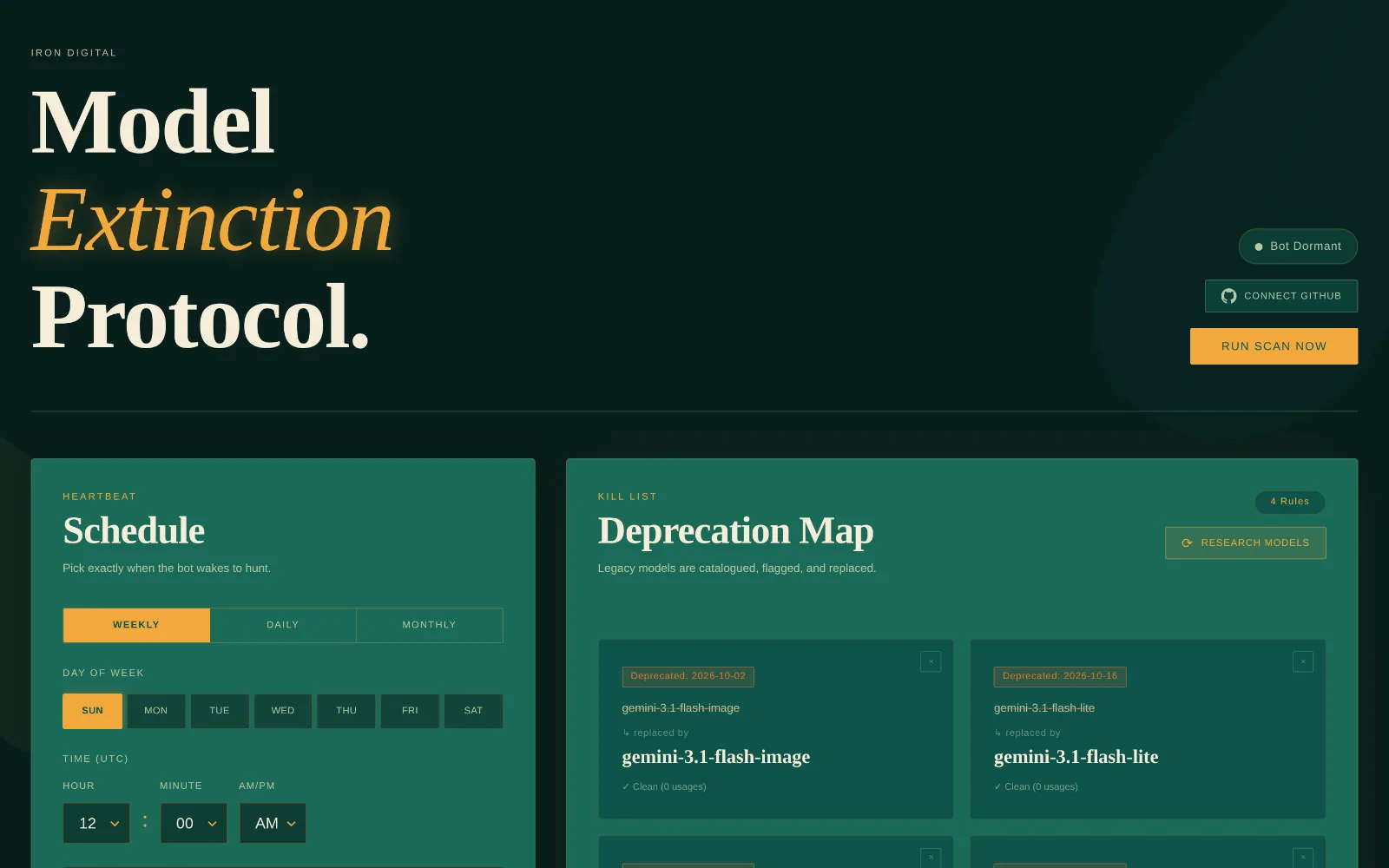 API Model Modernizer — the Model Extinction Protocol dashboard