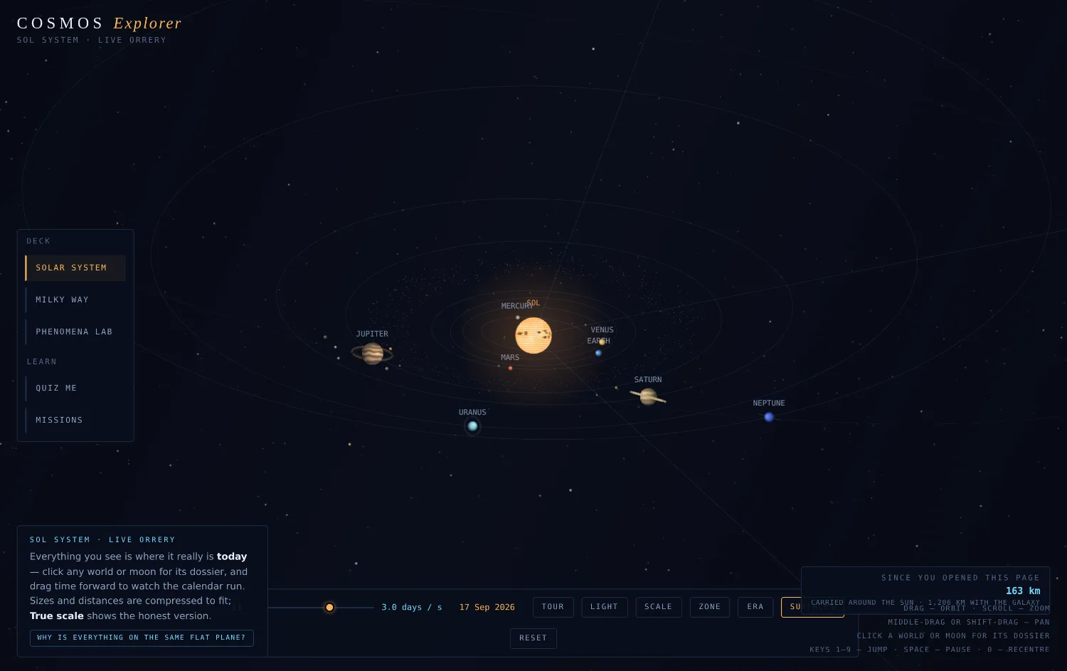 Cosmos Explorer — a live orrery of the solar system at today's real positions