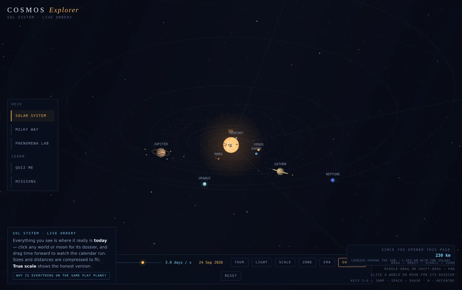 Cosmos Explorer — scrolled into the educational layer