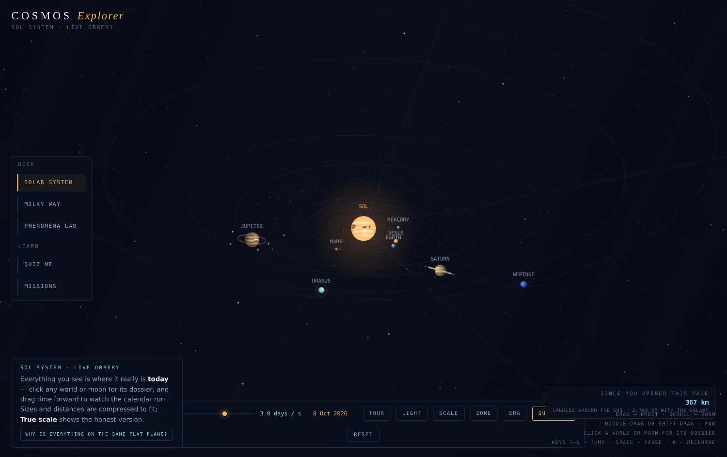 Cosmos Explorer solar-system view