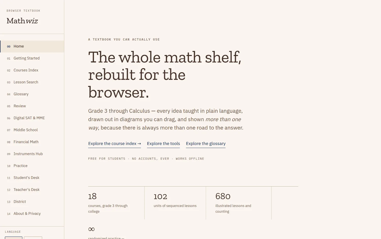 CourseWiz home — the whole math shelf, rebuilt for the browser