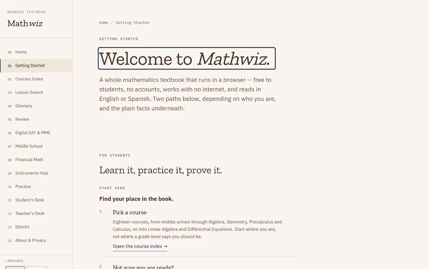 CourseWiz lesson view — a unit opened from the course index