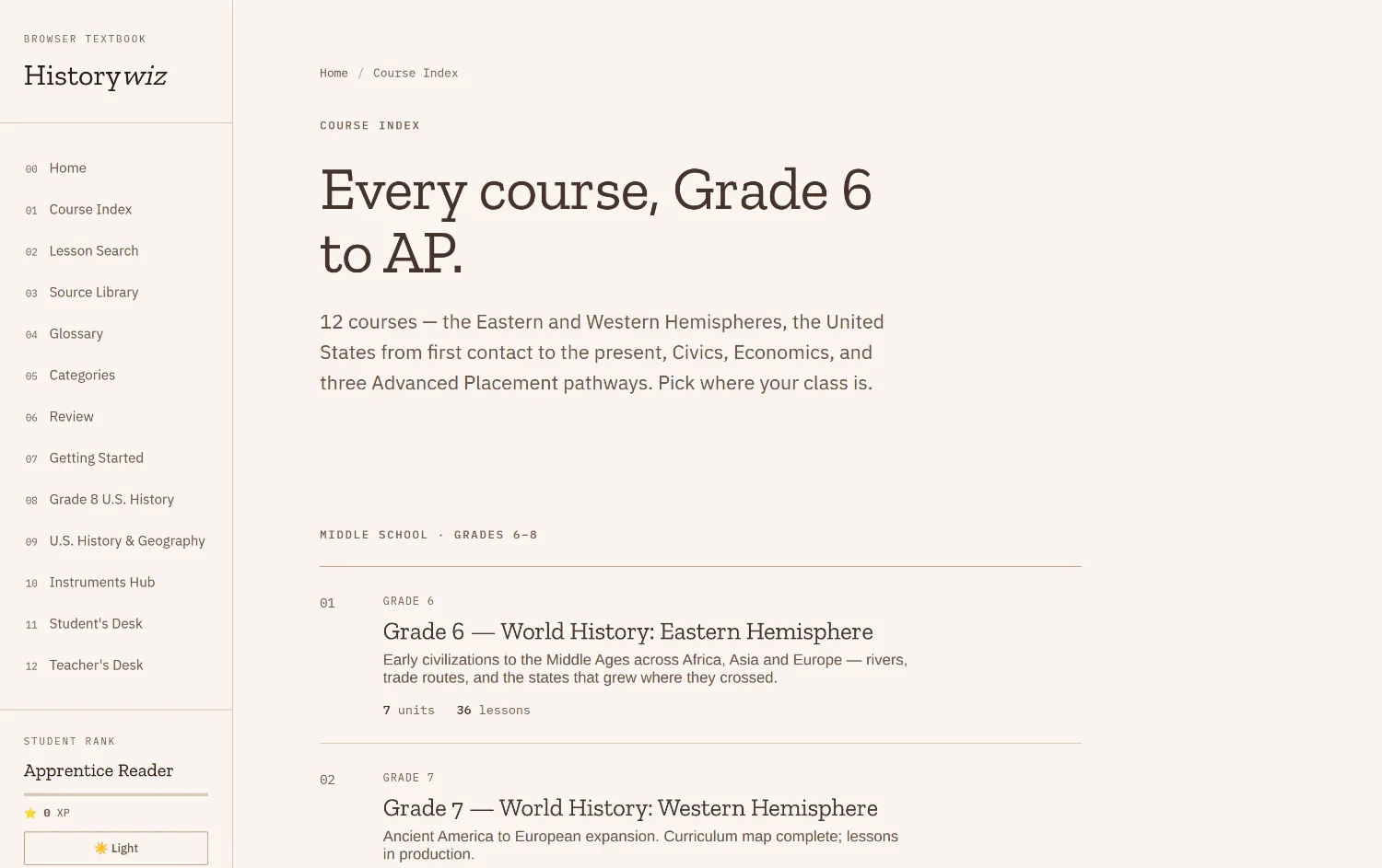 HistoryWiz courses view, opened one level in
