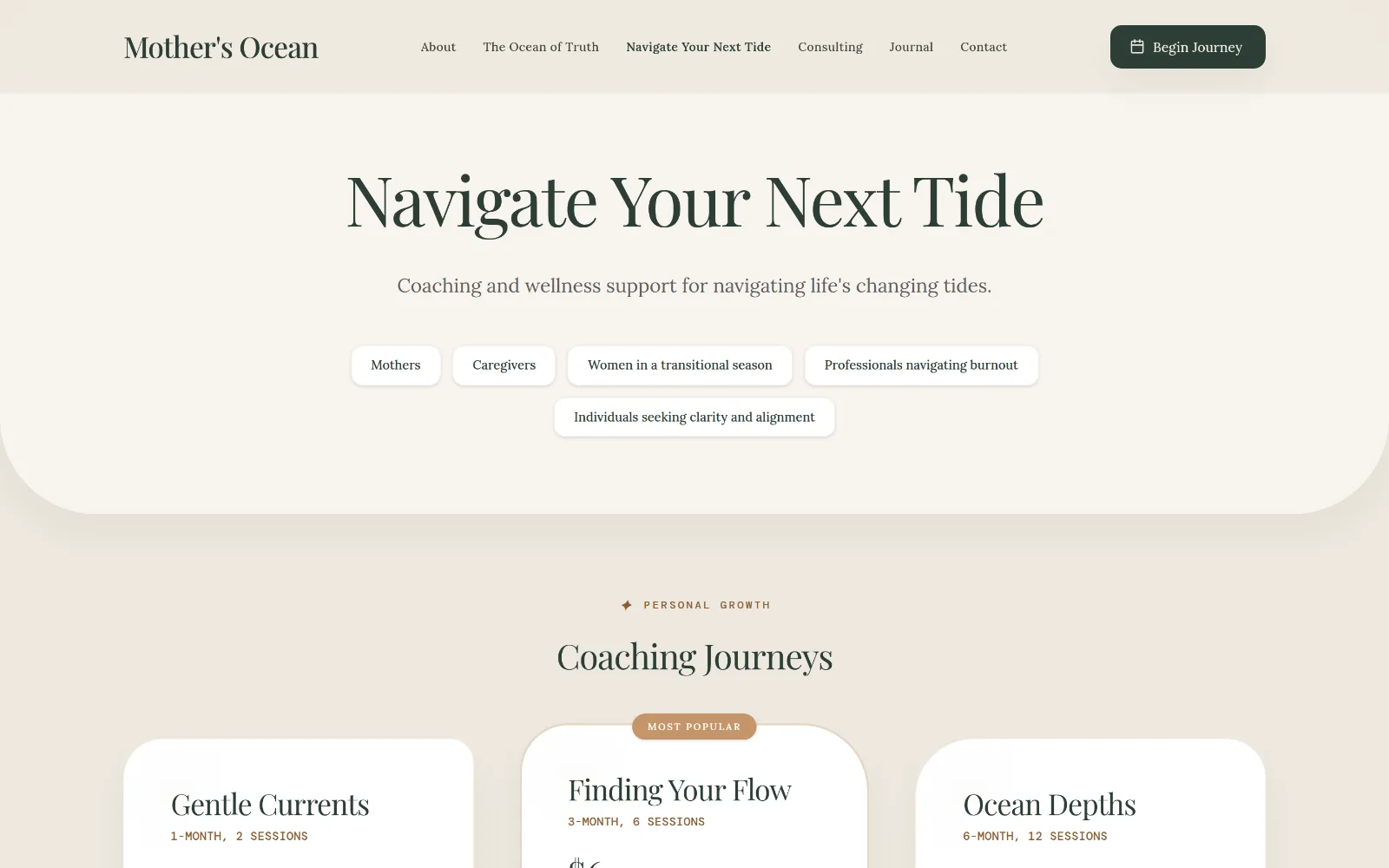Mother's Ocean coaching journeys — Gentle Currents, Finding Your Flow, Ocean Depths
