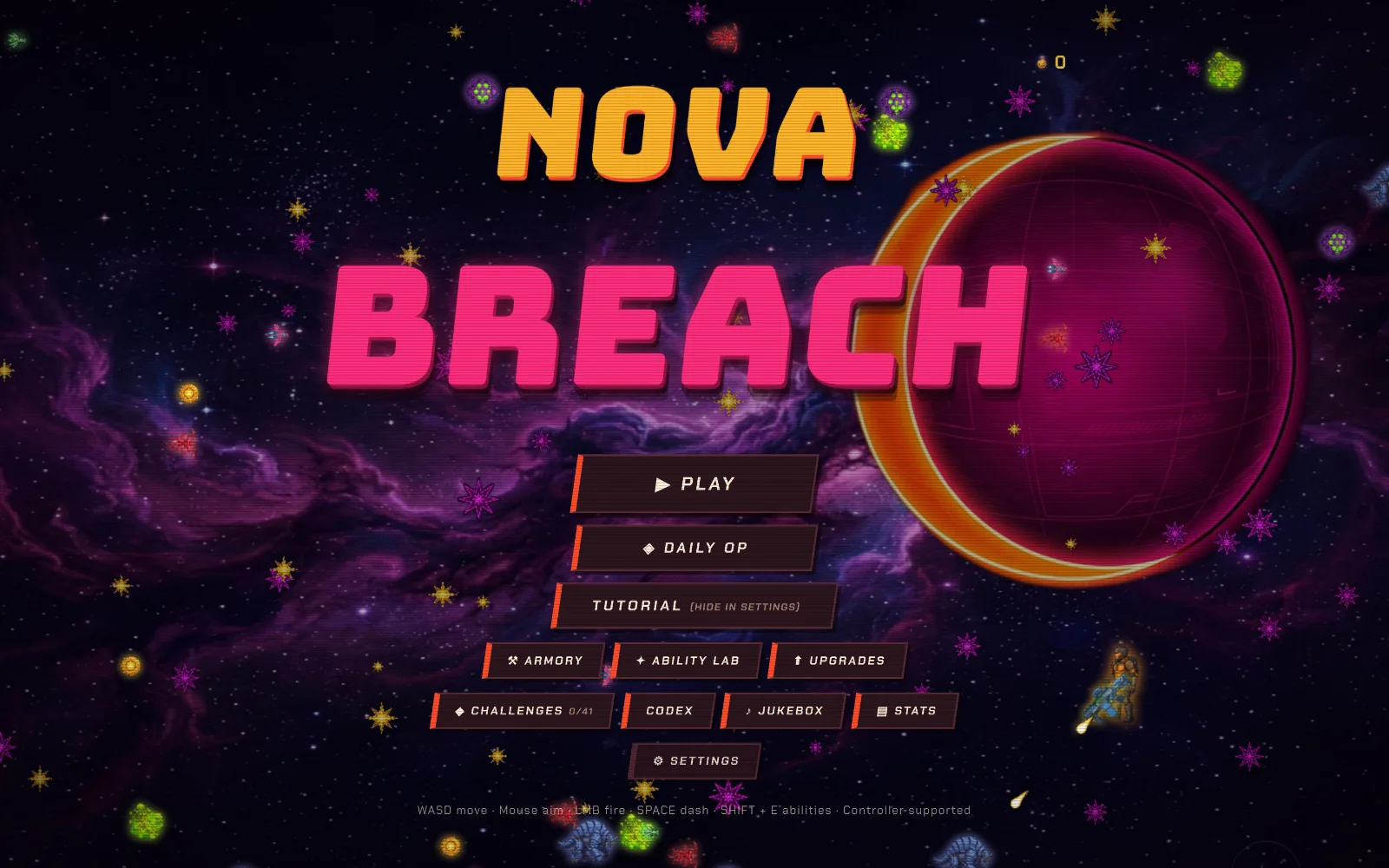 Nova Breach title screen — roguelike arena shooter