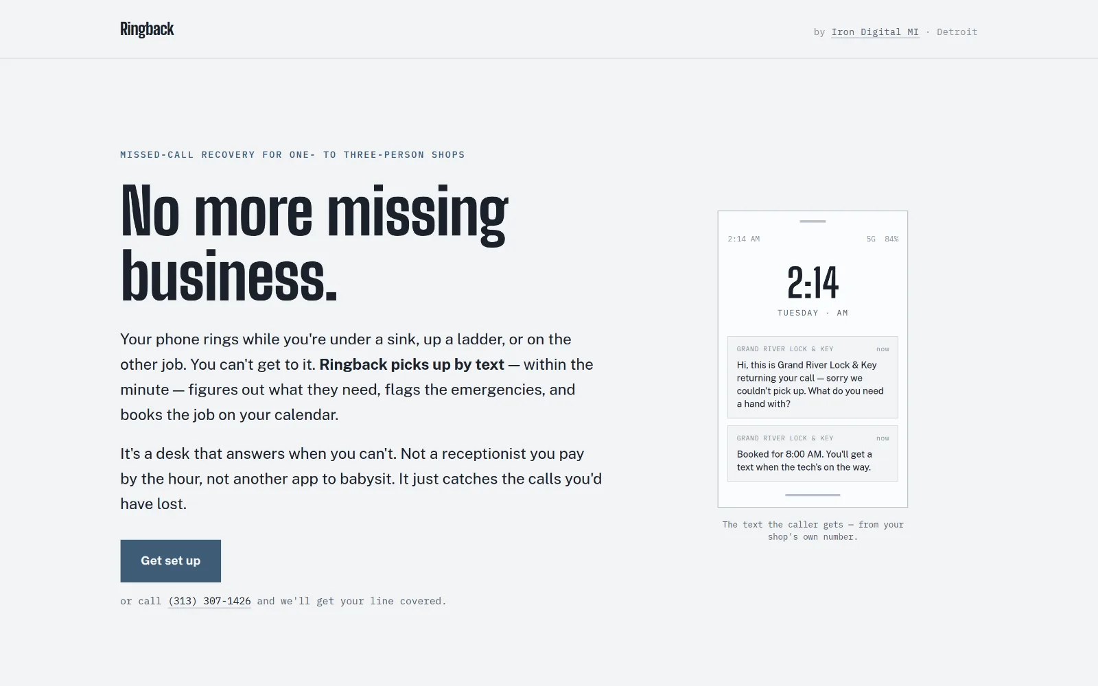 Ringback — missed-call recovery, showing the text a caller gets back from the shop's own number