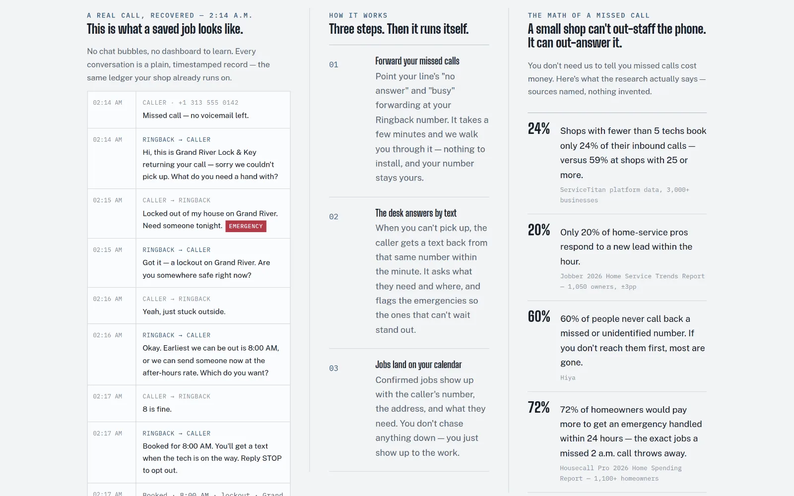 Ringback — how the handoff works, further down the product page