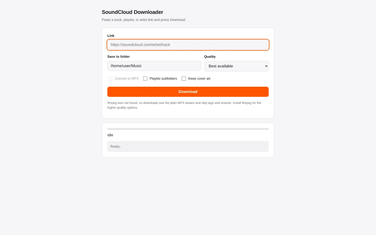 scdl — the local browser interface for the SoundCloud downloader