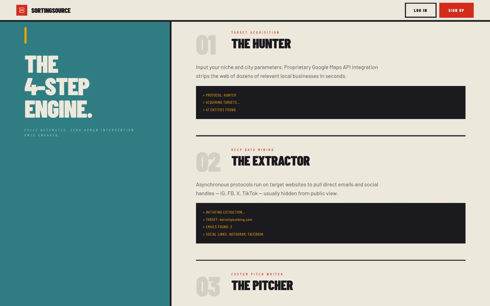 SortingSource — the four-step engine: Hunter, Extractor, Pitcher, Dispatcher